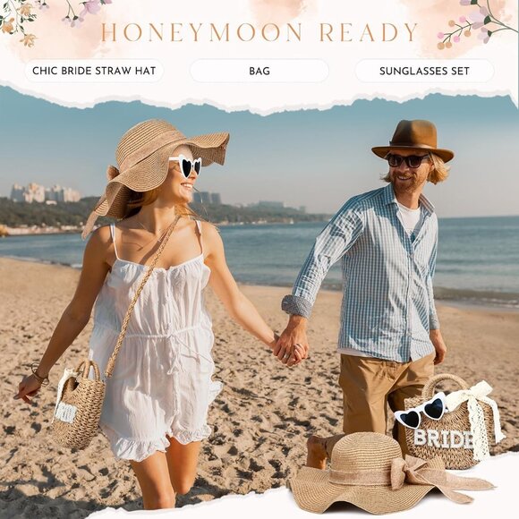 Bride Gift Set Straw Beach Bag Purse & Hat for Bridal Shower Honeymoon - Picture 2 of 7